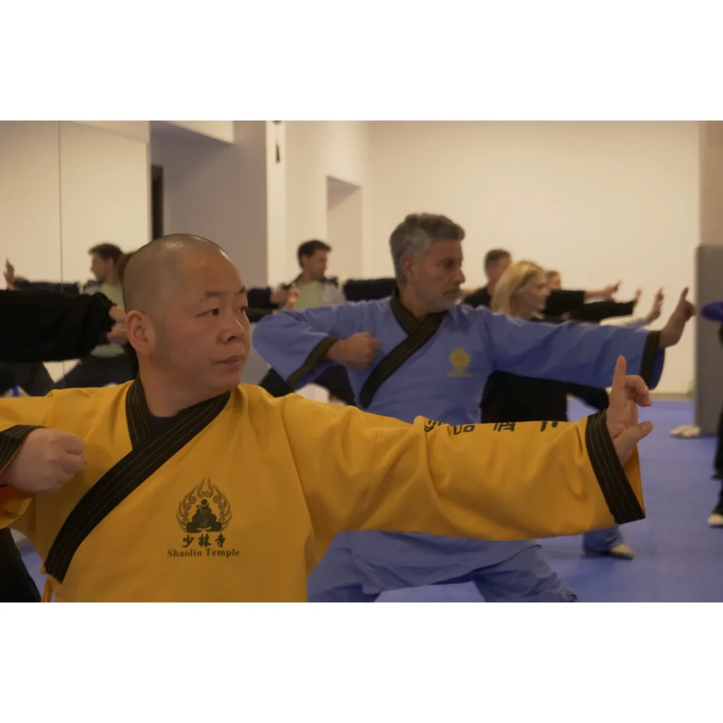 Allievi durante una pratica guidata di Shaolin Qigong con il Maestro Shi Yan Hui