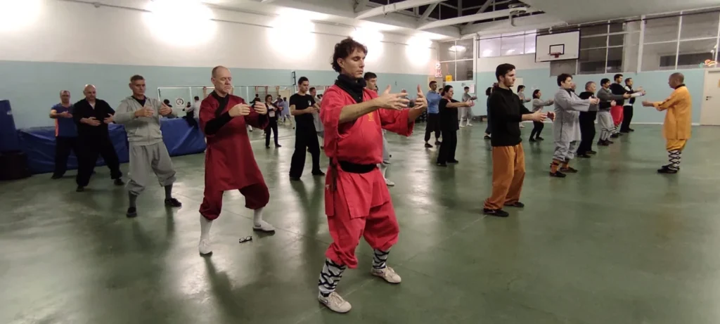 Allievi durante una pratica di Shaolin Qigong con movimenti coordinati delle braccia