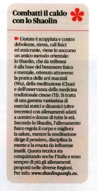 Articolo dedicato alla Cultura Shaolin su una rivista di benessere